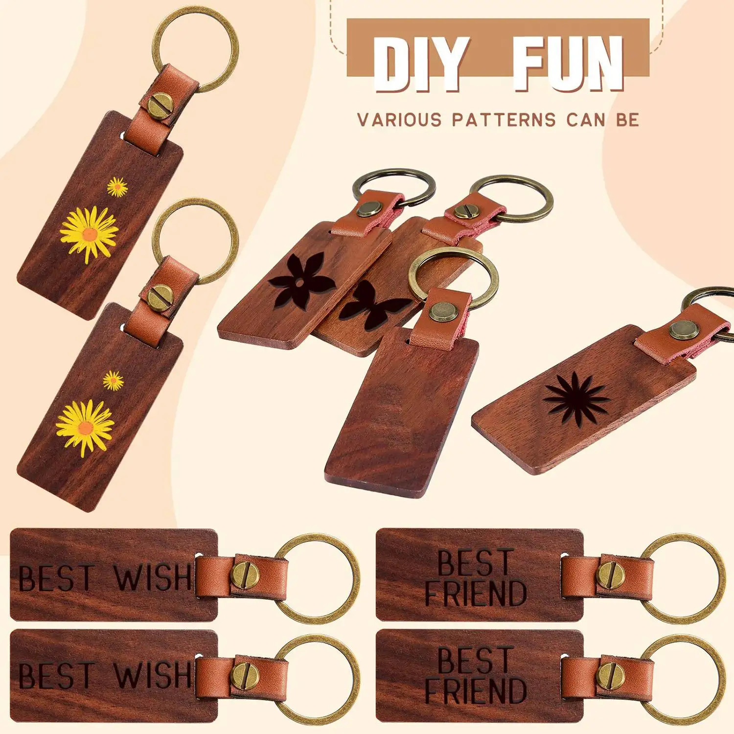 50 Pack Leather Keychain Blanks Wooden Keychain Blanks Wood Keychain Blank Wooden Keychain Wood Tags