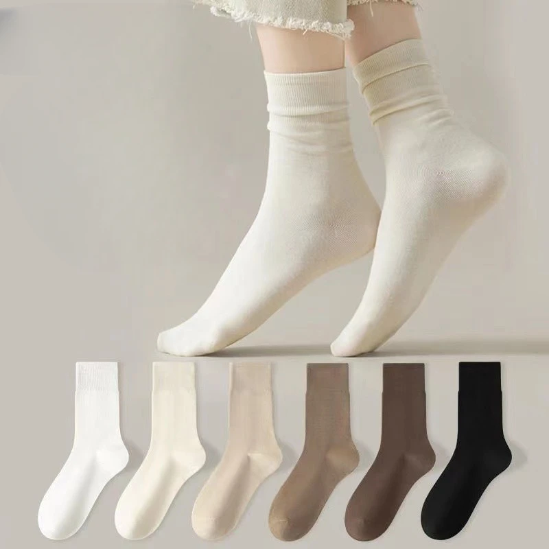 1 Pair Cotton Socks Medium Tube Knitted Loose Long Soft Solid Color Crew Casual Sock Black White Breathable Spring Autumn