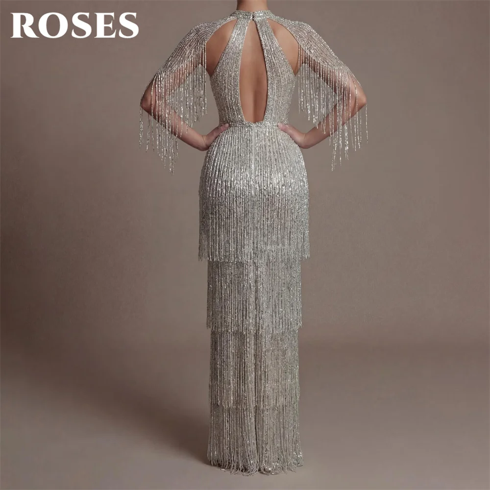 ROSES Sliver Sequin Party Dresses Off the Shoulder Evening Dress with Layered Tassel فساتين السهرة Wrap Hips Cut Out Customized view 2