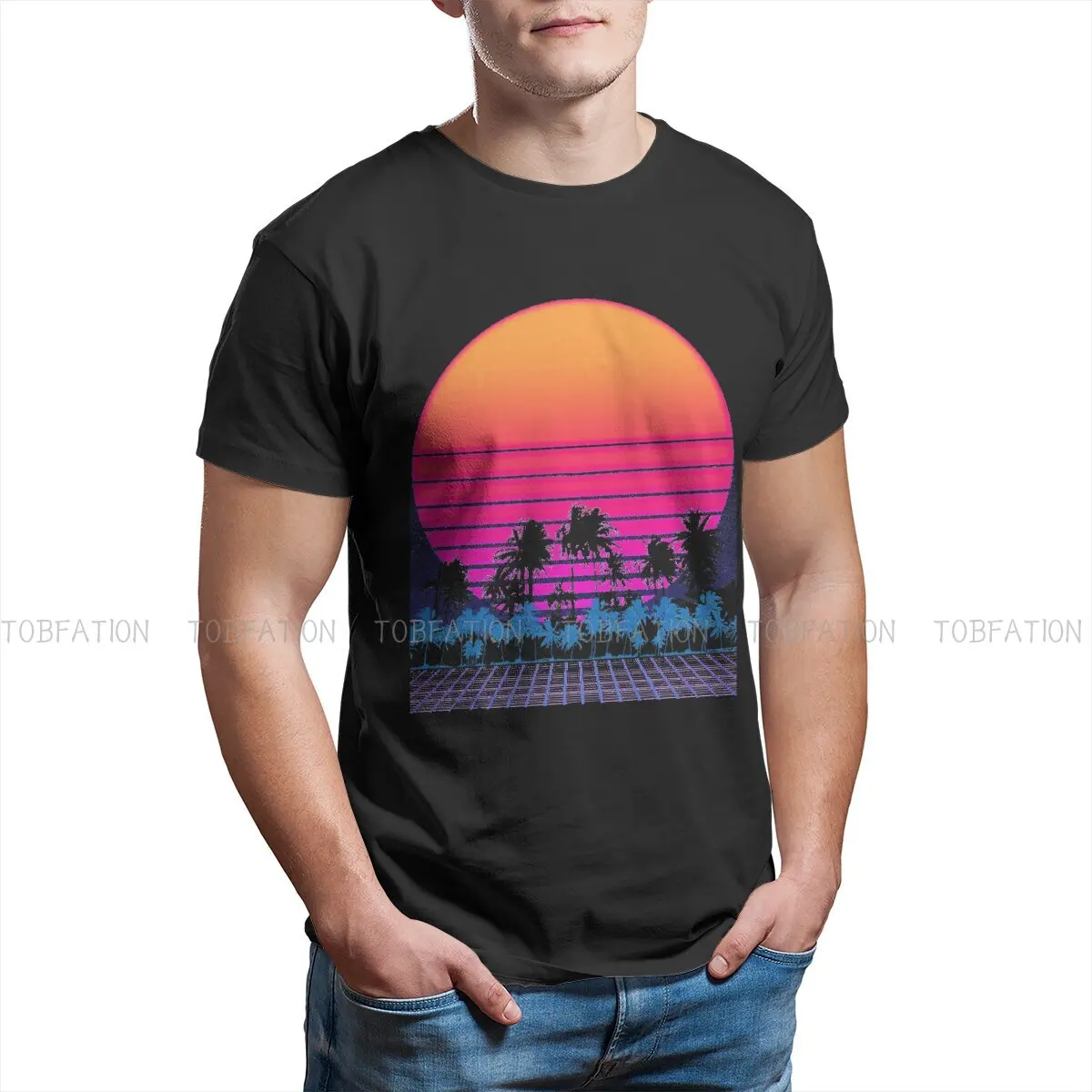 Palm Trees Nature 100% Cotton TShirts 80s Vaporwave Retro  Print Men\'s T Shirt Funny Tops Size S-6XL