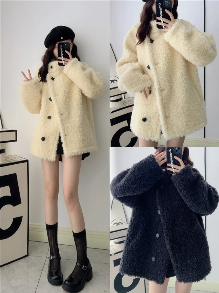 Light goose yellow autumn and winter thick medium long sheep curly coat Haining fur pure wool composite fur female