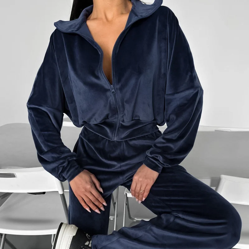 Autumn Winter Tracksuit Fashionable Sporty Navy Blue Small Stand Collar Two-Piece Sport Pants Set For Street Casual Women'S Wear