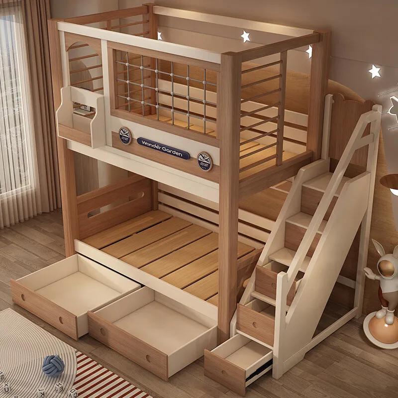 Litera de madera maciza, cama alta y baja para niños, litera, camas superiores e inferiores de dos capas con diapositivas no interferencias con cada uno