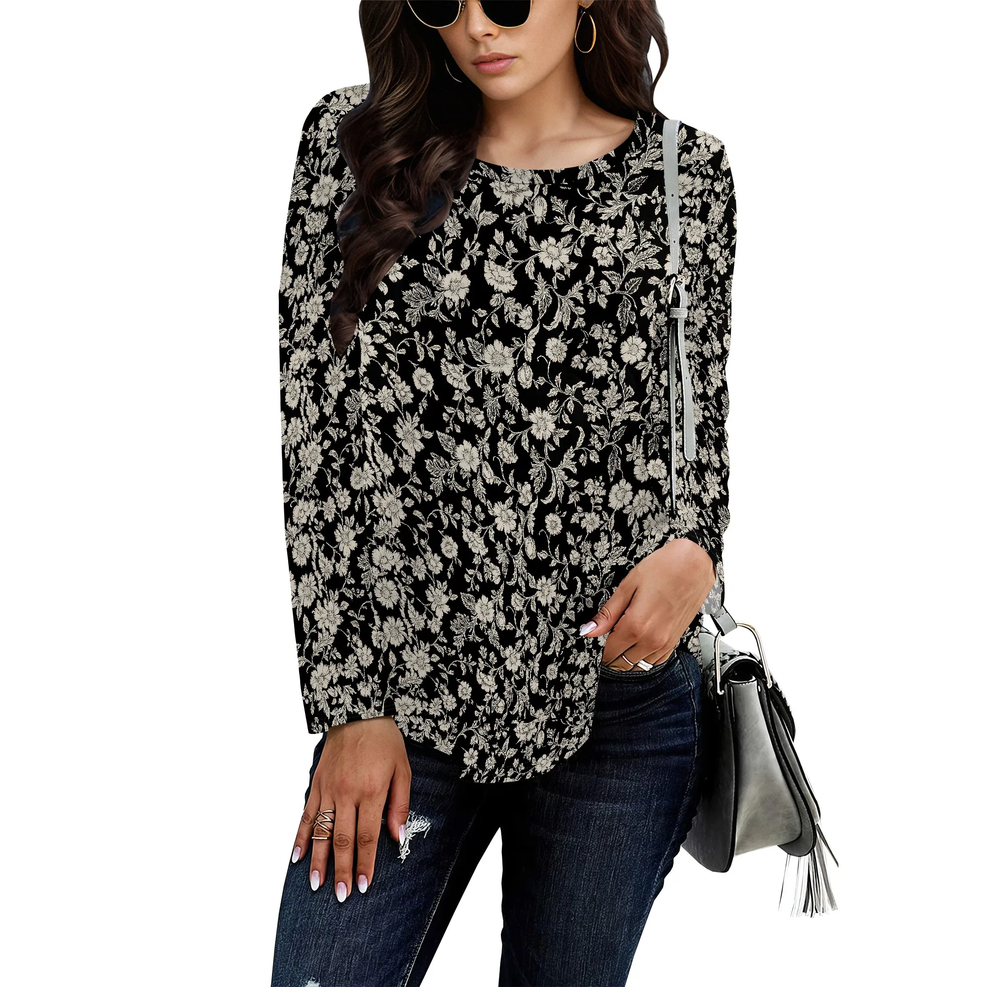 Top a tunica a maniche lunghe a sbuffo da donna Camicette girocollo pieghettate Camicie eleganti casual larghe invernali e primaverili