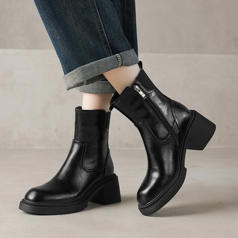 2026 new autumn winter women ankle boots natural leather plus size 22-25cm split leather+wool thick heel side zip short boots - view 5