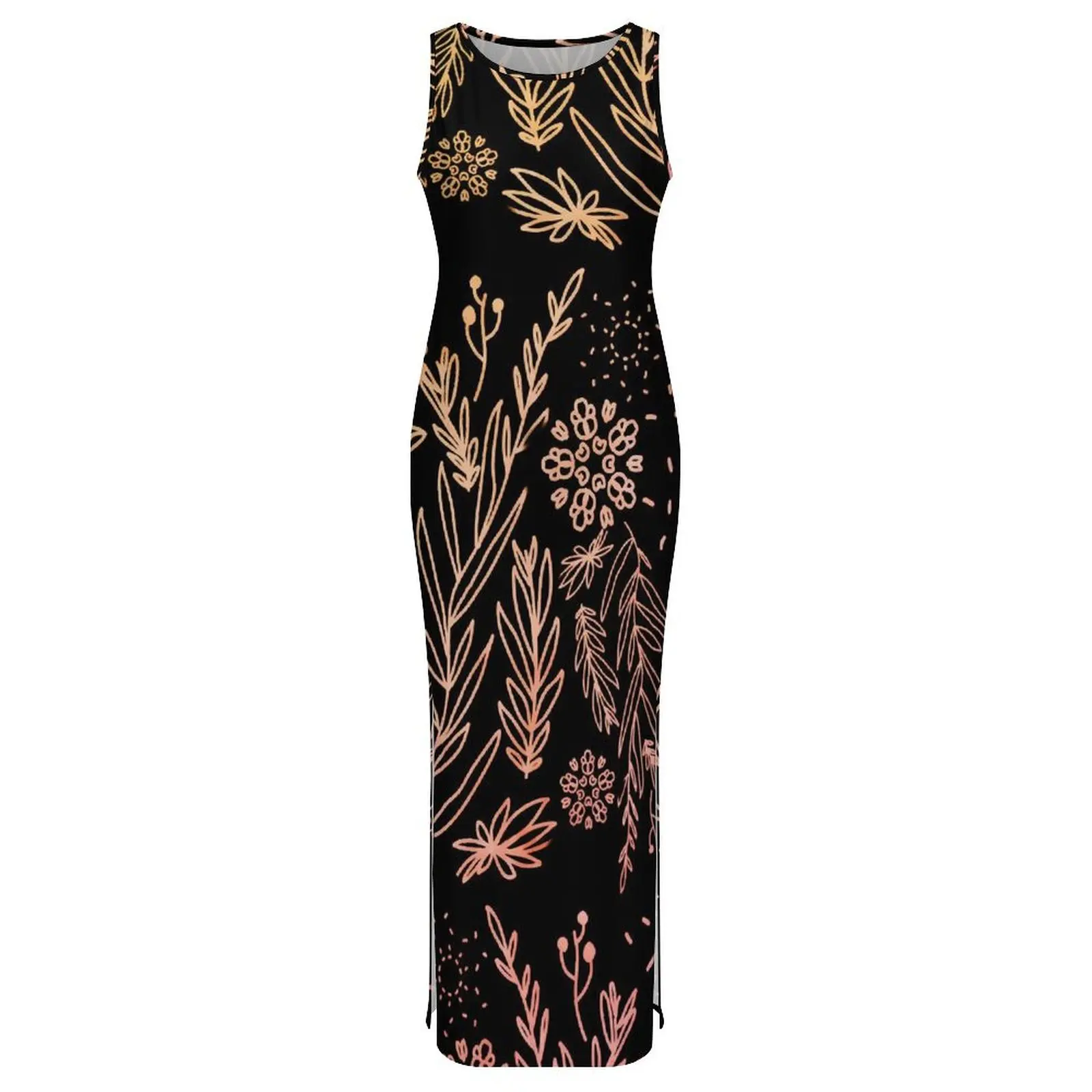 골드 로즈 플로럴 바디콘 드레스 여름 귀여운 꽃 슬림 섹시 맥시 드레스 여성 민소매 디자인 스트릿 패션 드레스 큰 사이즈