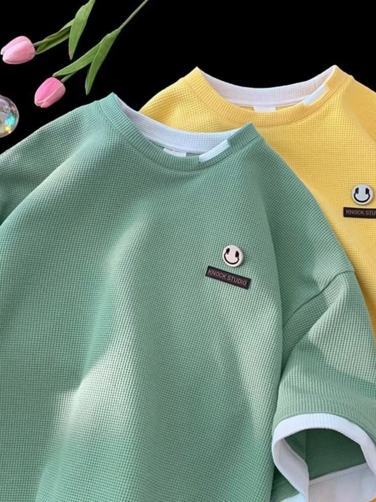 American Retro Wfle Pattern ort Sve Men's Summer Trendy Brand Fake Two-Piece T-irt Loose Fit oulder-Length Sve Top