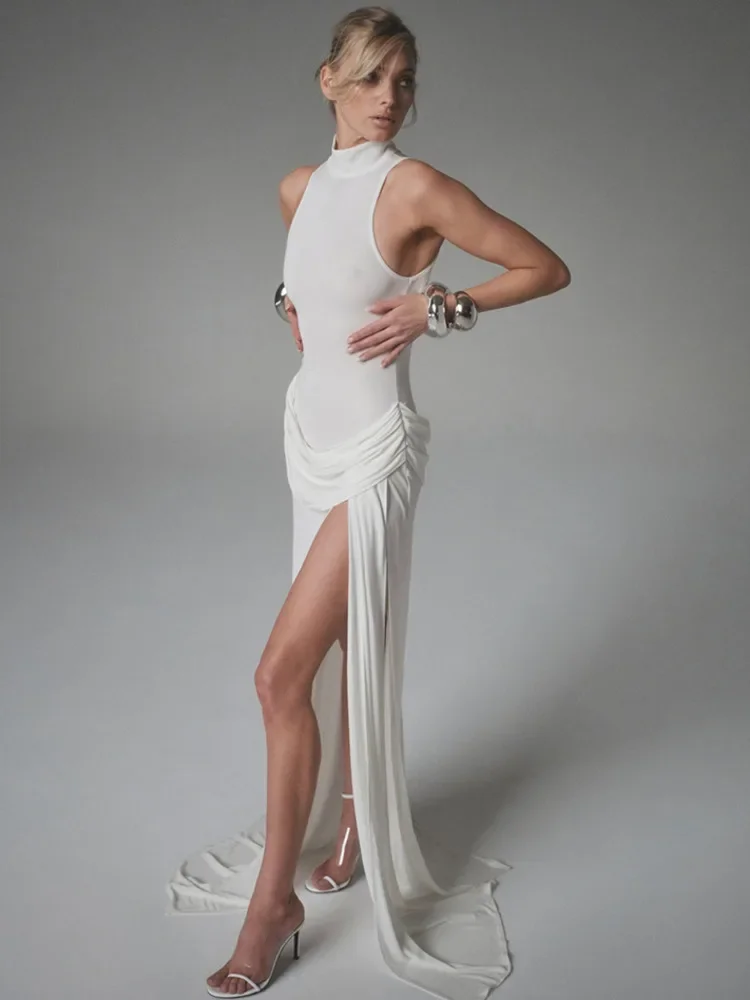

Fmxires New Autumn Split Maxi Tank Dress Women Gown Fashion Solid Elegant High Waist Ruched Slim Evening Club Party Long Dress