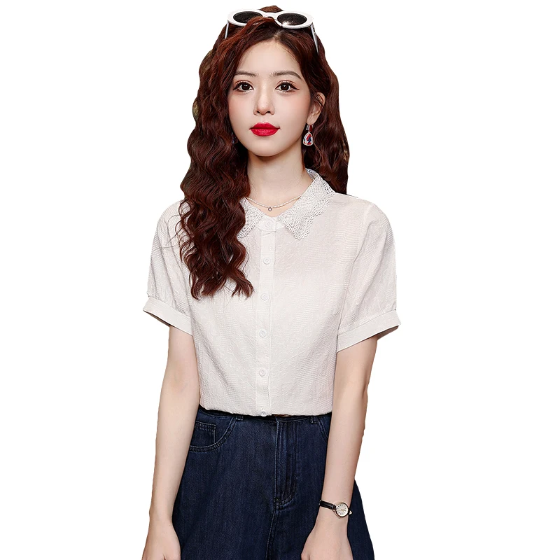 Summer New Fashion Elegant Short Sleeve Slim Shirt Lace Collar Blouse Tops