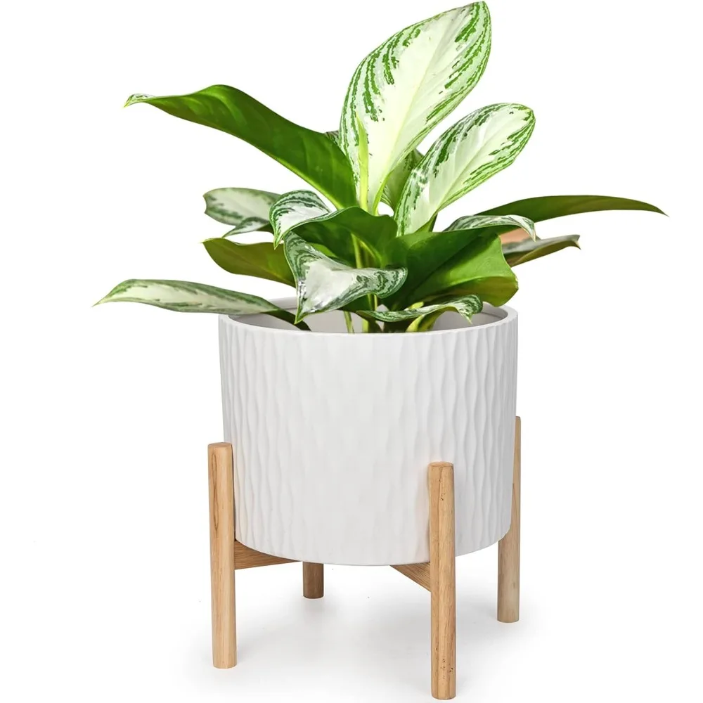 

Ceramic Plant Pot with Stand, 10 Inch Planter with Wood Shelf, Modern Round Flower Pots Indoor with Wood Planter Holder