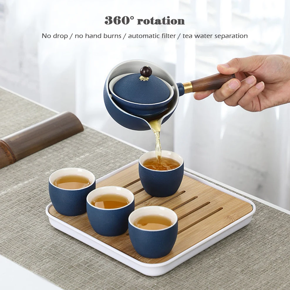 9-Piece Set Ceramic Tea Set 360°Rotating Auto Filter Teapot For Tea Brewing In Mug Lazy Tea Infuser Travel Portable Tea Set