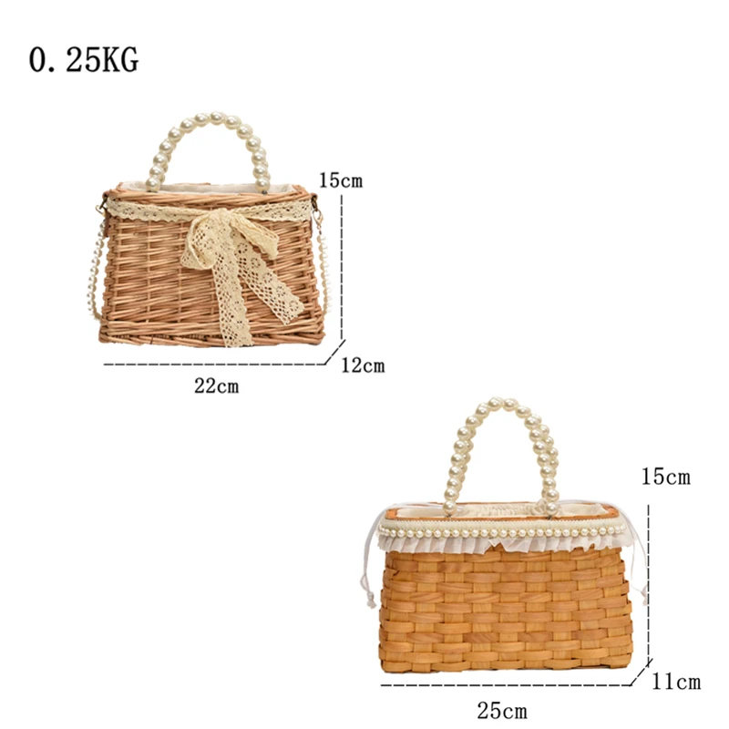 New Women Straw Bags and Handbags Summer Rattan Handmade Tote Bags Ladies RibbonsSummer Beach Basket Bag Pearl Beads Travel Bag