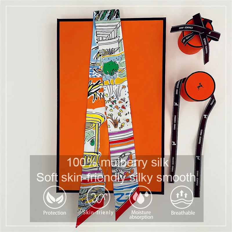 

Luxury Brand Design 100% Twill Silk Long Tie Scarf for Women Long Ribbon Binding Bag Silk Bag Scarves Neckerchief Hair Headband