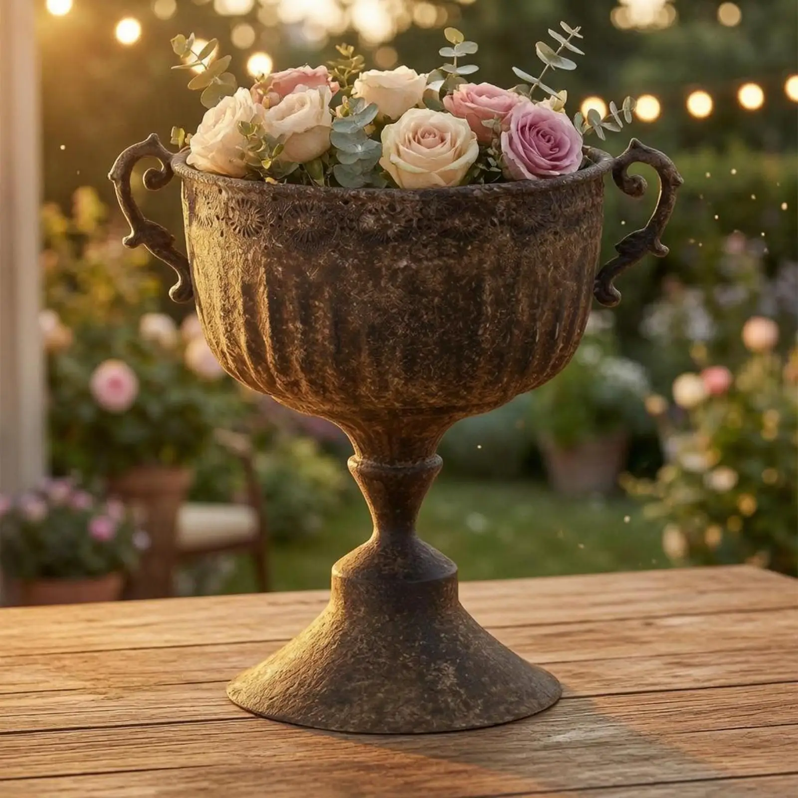 Pedestal Planter Antique-Style Urn Planter Brown Finish for Garden, Patio