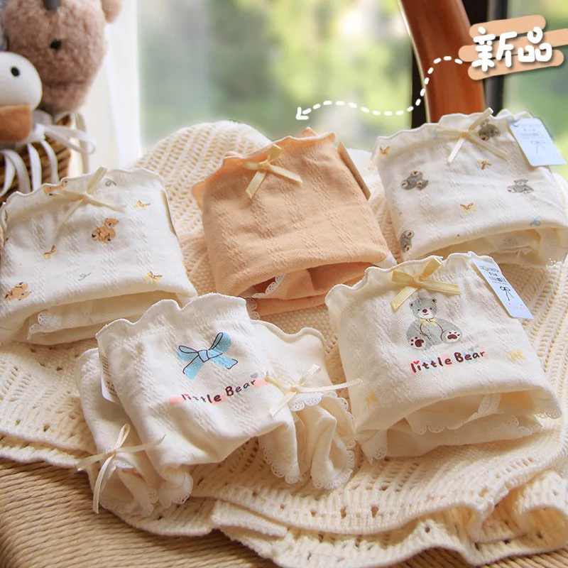 Young girl Underwear 5pc/lot Cotton Lovely middle Waist Briefs student Panties children flower bow Teenagers M-XL fashion
