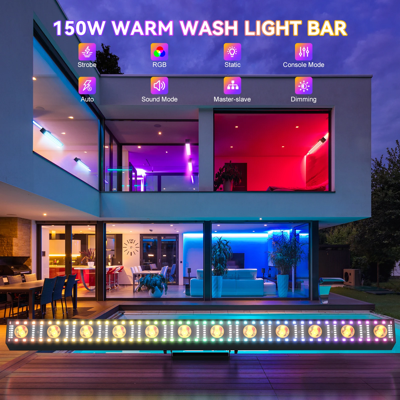 Yiflamefly 2Pcs 200W 12 LEDs RGB Strobe Beam Wall Washer Light DMX512 5/14/73 CH Voice control For Weddings Commercial Lighting