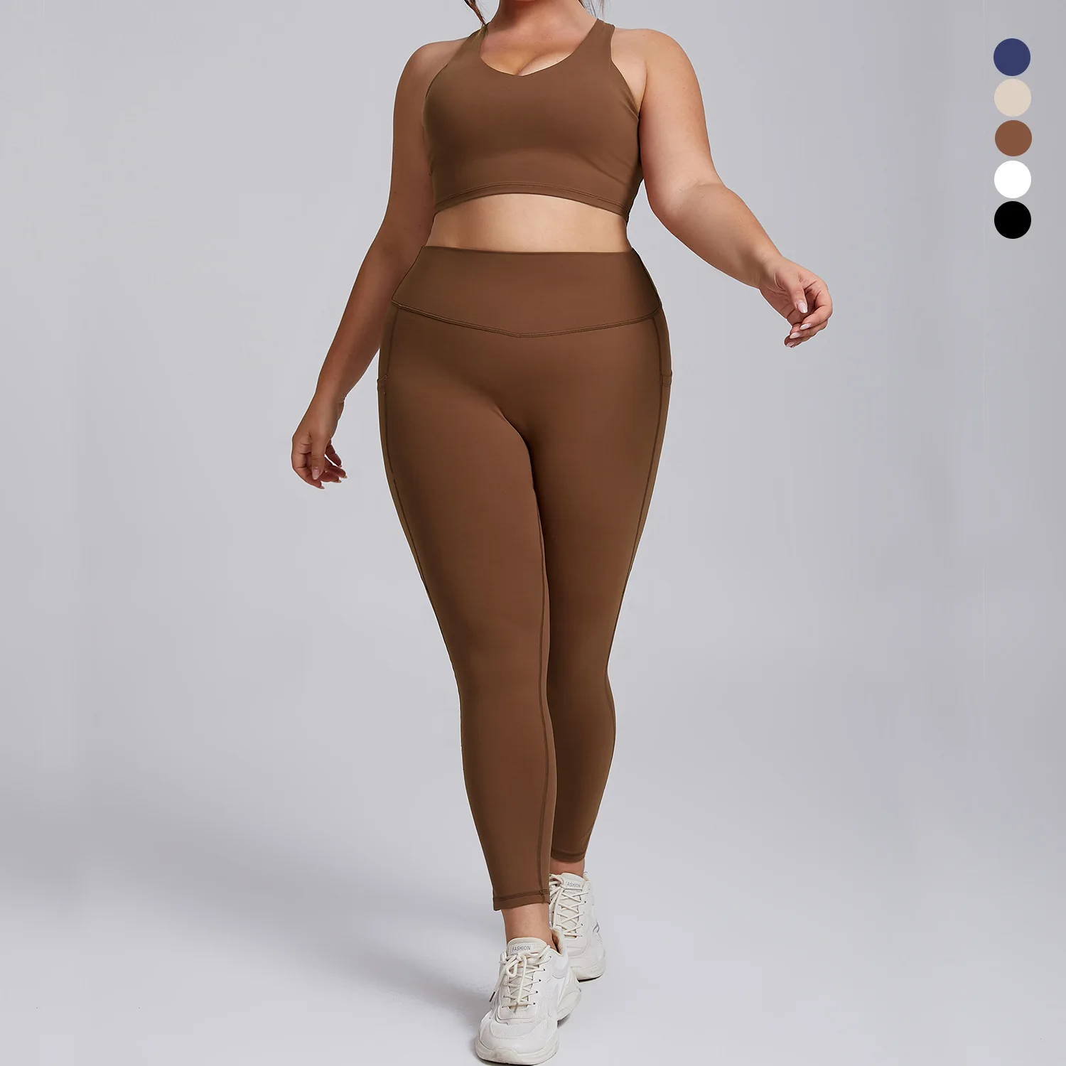 Designer European and American Nude Large-size Yoga Suit, Women's High-end Tight Sportswear Two-piece Pocket Fitness Suit Set