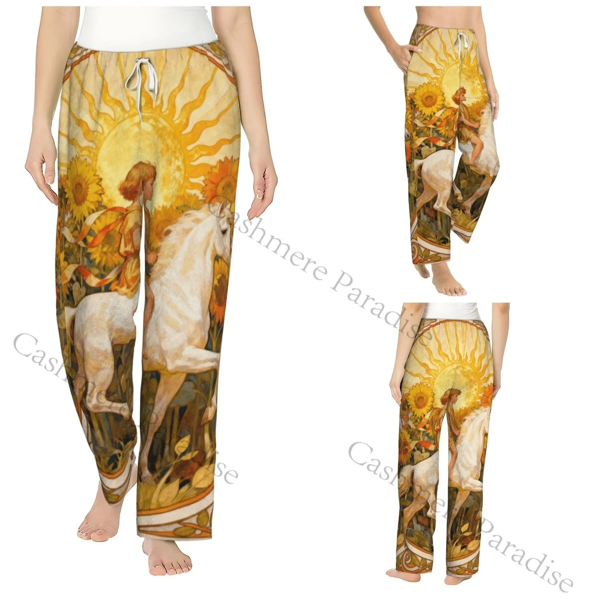 

Golden Child Riding Through Sunflowers Warm Women Pajama Pants Flannel Sleep Bottoms Soft Fleece Loungewear