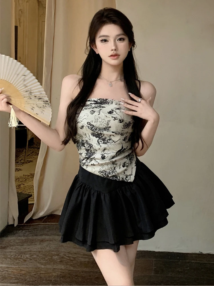 

Sexy Spicy Girl Print Halter Vest Top High Waist Flower Bud Puffy Skirt Set Fashionable Versatile Slim Fit Casual Wear