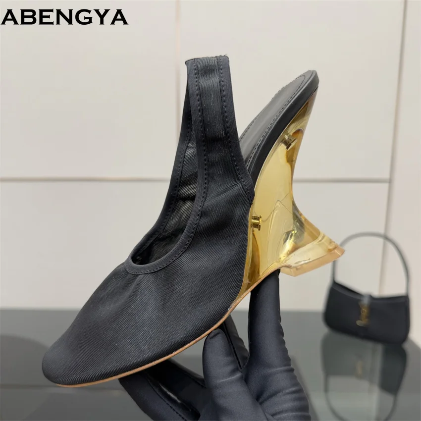 

2025 Summer Pink Mesh Wedge High Heels Shoes Women Slingback Black Dress Shoes Designer Sexy Party Platform Prom Shoes For Women