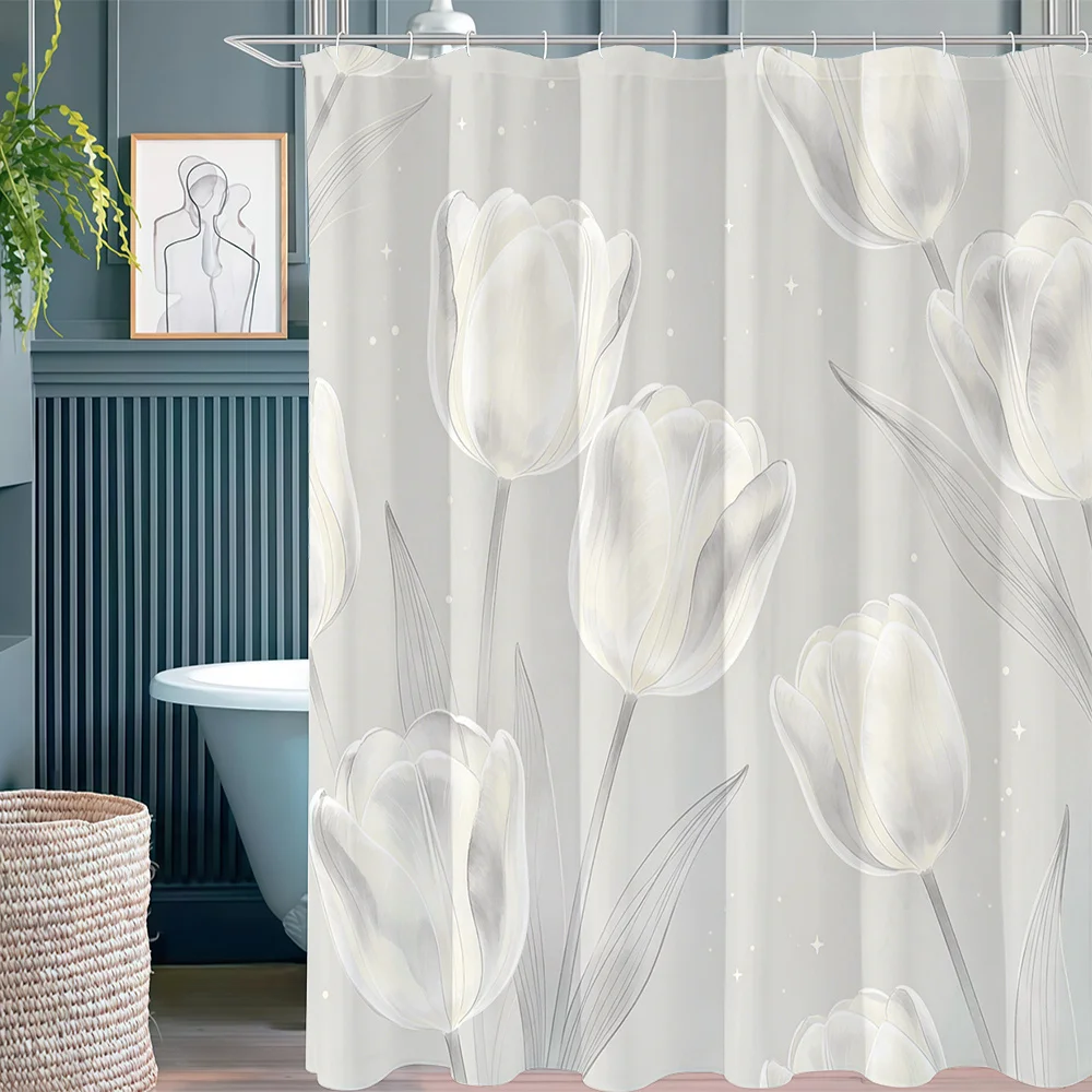 

Luxury Waterproof Floral Tulip Print Shower Curtain for Bathroom Spa Decor Elegant Shower Liner Curtain Wall