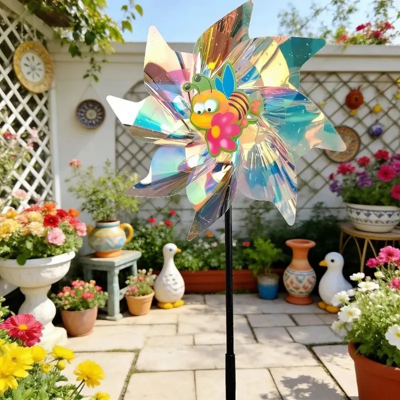 new colorful 8-blade sequins windmill rotating laser windmill outdoor ground plug ornament for garden park farm bird repellent