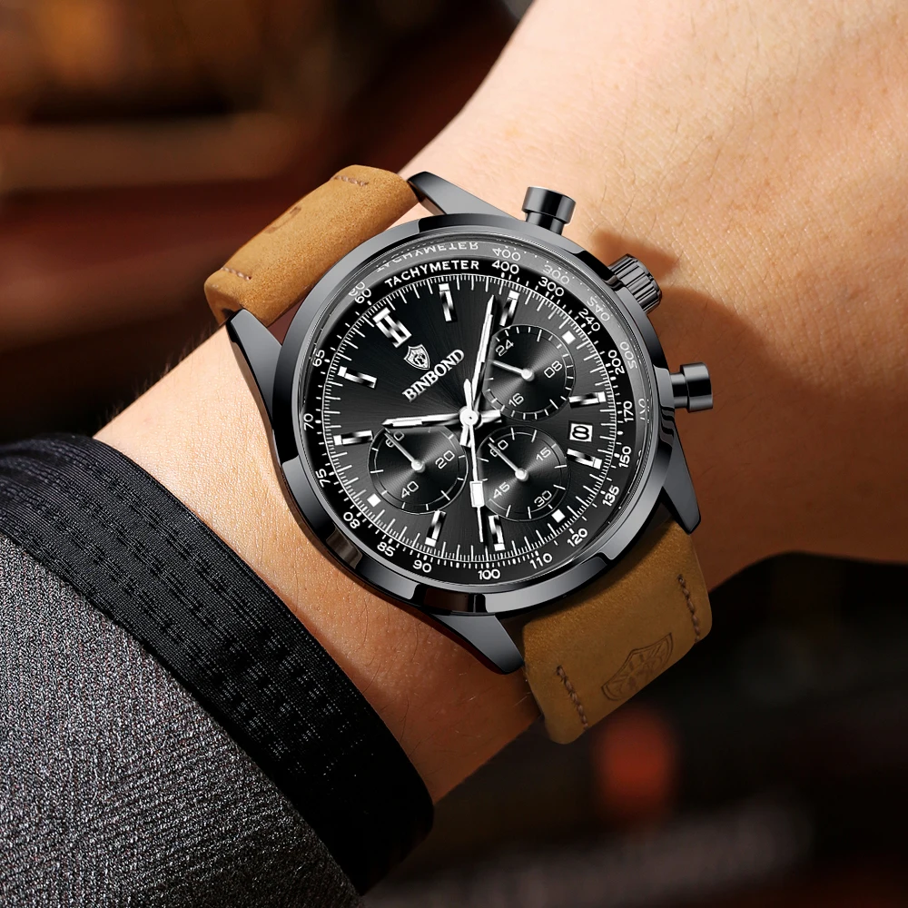 BINBOND Chronograph Sturdy Accurate Quartz Watches For Men Luxury Auto Date Luminous Waterproof Men's Watch Casual Reloj