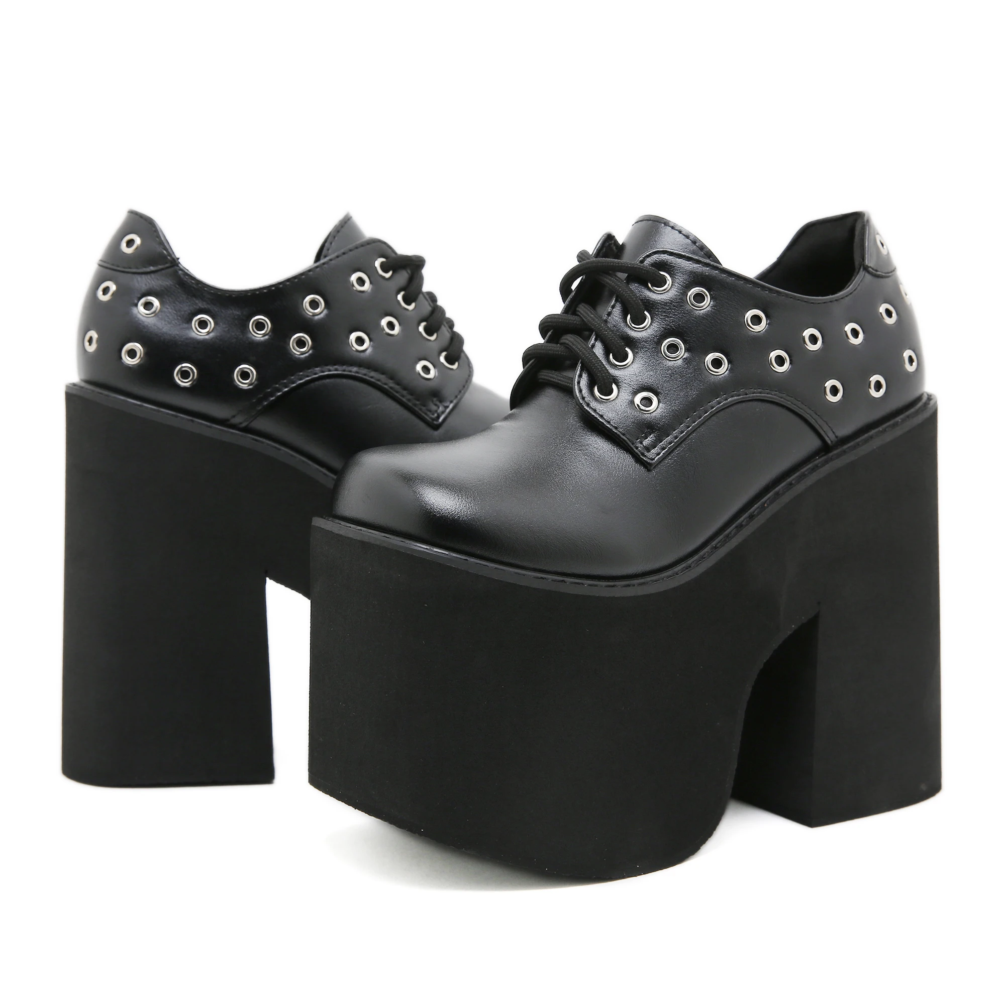 Gdgydh schwarze High Heels für Damen, modische Nietenschuhe mit Blockabsatz, Partyschuhe, Schnürschuhe, Pumps mit erhöhter Plateauabsatzhöhe – Detail 7