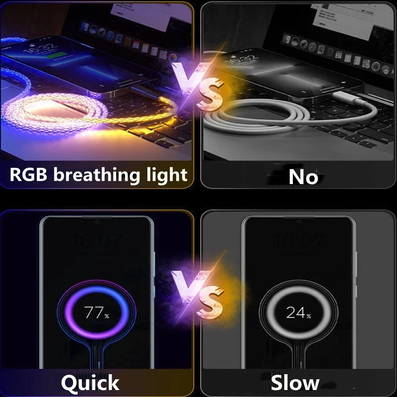 Glowing Cables Mobile Phone Fast Charging Cables LED Light Micro USB Type C Charger For iPhone 13 12 Xiaomi Samsung Huawei Phone