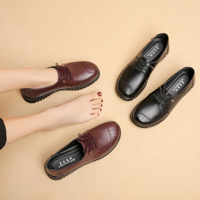 Ladies Genuine Leather Flats Women Spring Loafers Slip On Casual Shoes Women Breathable Flats Walking Plus Size Shoes