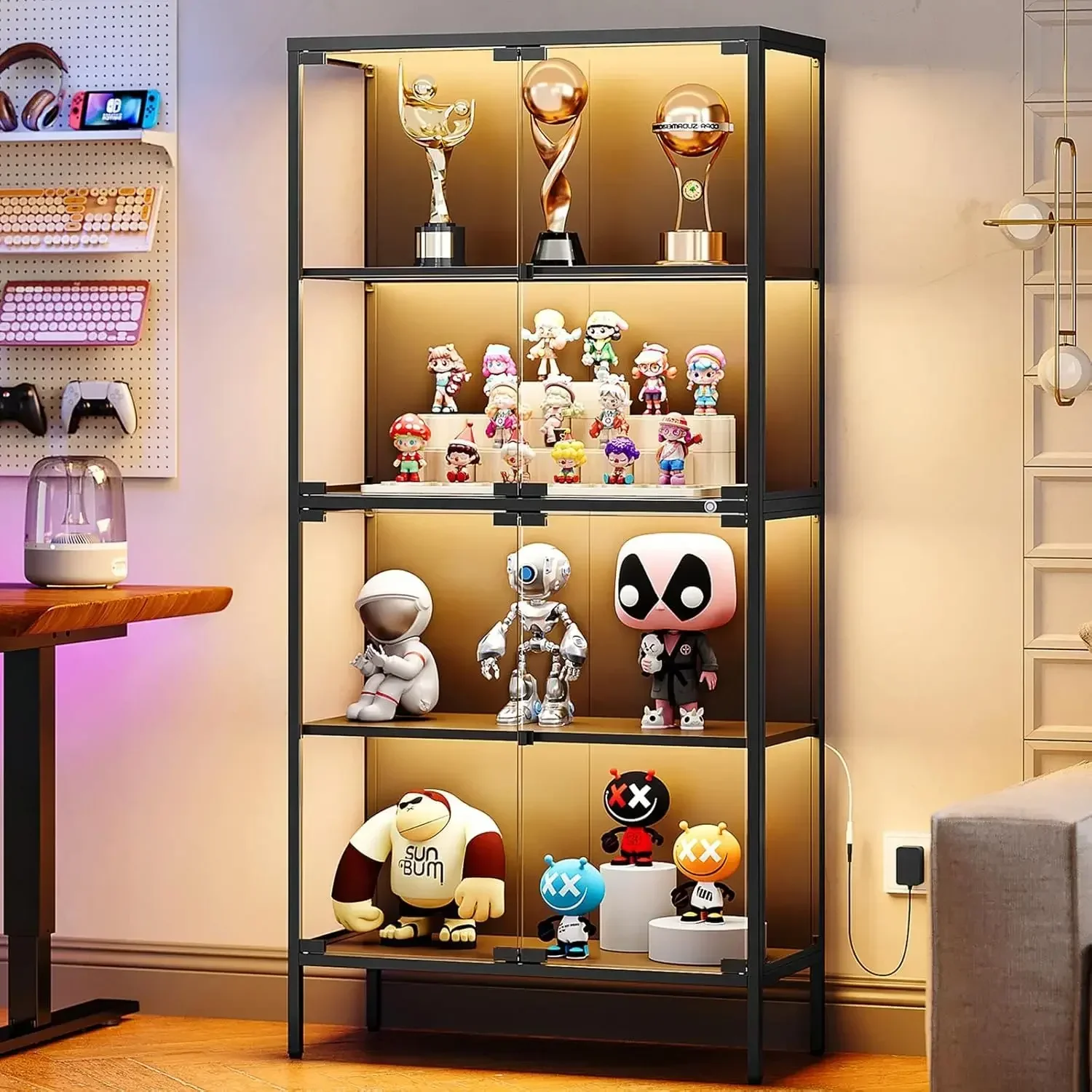 65 Inch Glass Display Cabinet 3 Color Led Light Metal Frame Tempered Glass Doors Shelves Curio Storage For Collectibles Figures