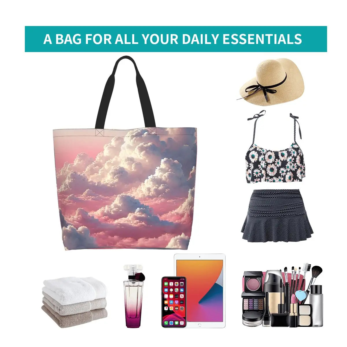 Pink Clouds Sky Large Sunset Glow Shopping Tote Bag Canvas Large Capacity Shoulder Bags Shopper Grocery Handbag for Women