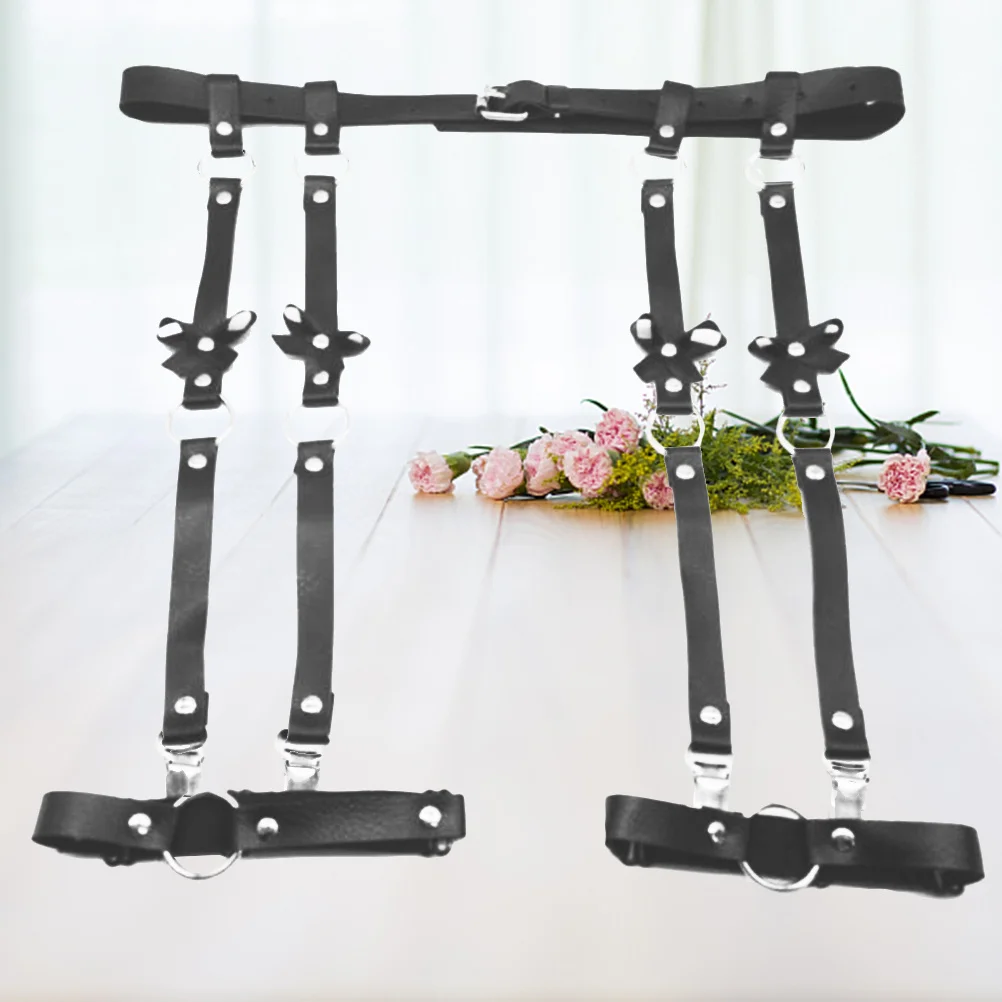 

Adjustable PU Harness Punk Style 2 Rows Leg Garter Waist Belt Suspender Bowknot Decor Comfort Elastic O-Ring Easy on Off