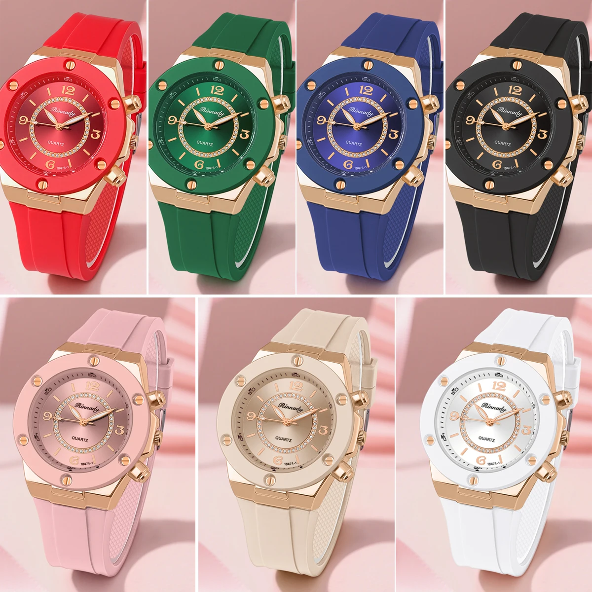 Octagon Women Quartz Wristwatch Gold Bezel Rhinestone Dial Silicone Strap Decorative Pushers Ladies Watch