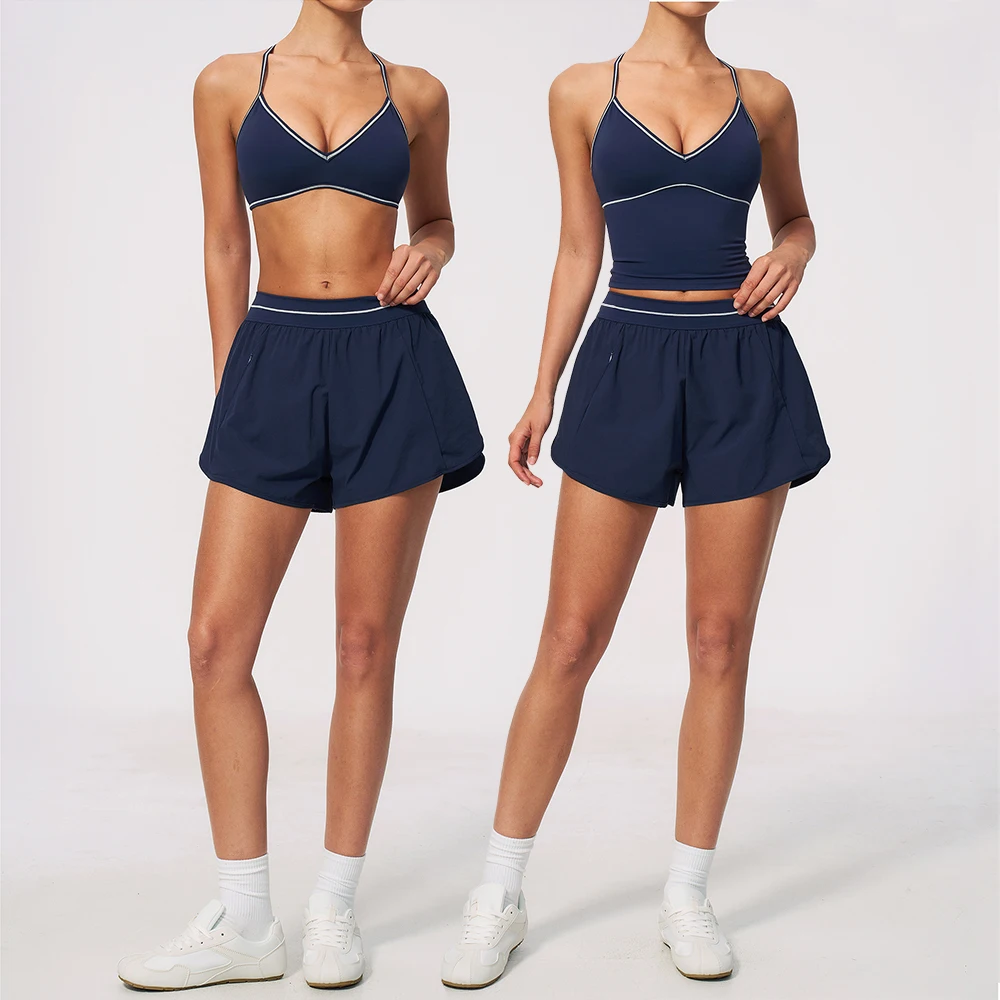 Women 2 Piece Yoga Set V Neck Longline Top and 2 in 1 Flowy Running Shorts with Pockets Double Layer Gym Workout Activewear Suit