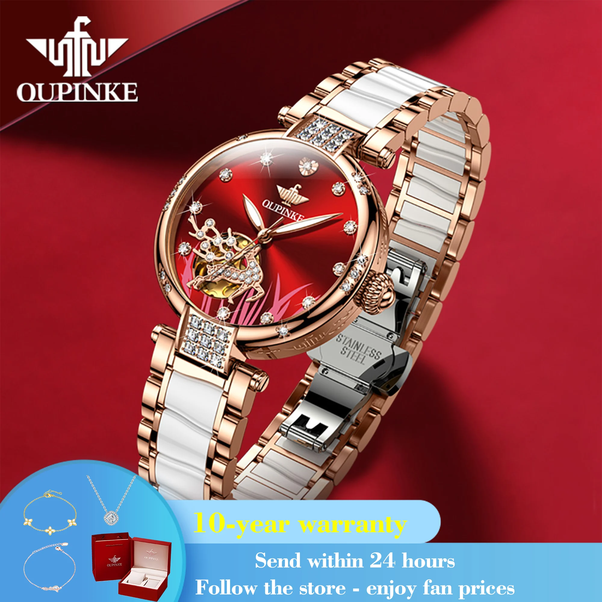 OUPINKE 3211 Luxury Automatic Watch For Women Hollow Japan Mechanical Movement Wristwatch Deep Waterproof Diamond Ladies Watches