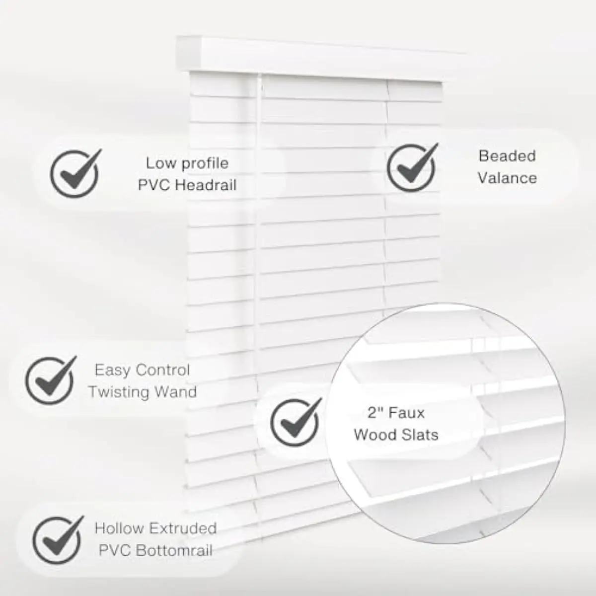 Cordless Engineered Wood Window Blinds – 34.5 Inches Wide by 84 Inches Tall, Snow White Smooth 2 Inch Slats, Room-Darkening Inte