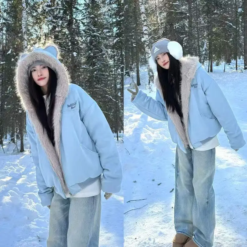 

Y2K Winter New Blue Plush Cotton-Padded Jacket Unisex American High Street Hooded Jacket Thickened Couples Casual Coat