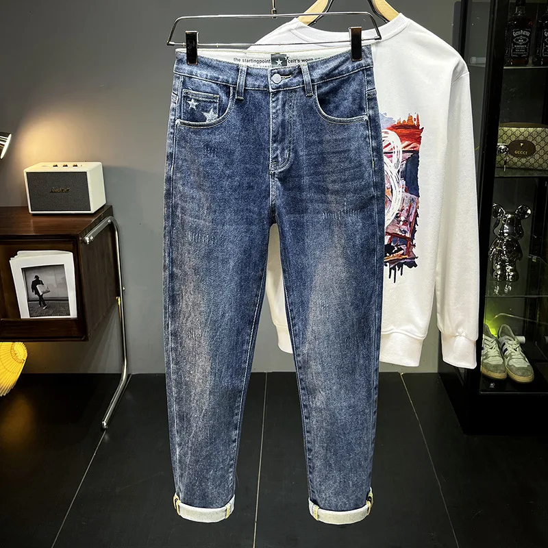 Blue jeans for men 2024 New elastic slim straight high-end fashion brand embroidery taped pants autumn denim men's clothing