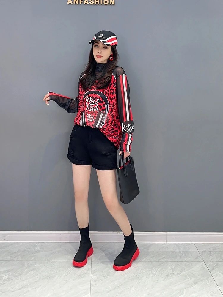 Vefadisa Red 2024 Autumn New Printed Patchwork Women T-shirt Turtleneck Long Sleeve Gauze Base Top Fashion All-match Top ZXY731A