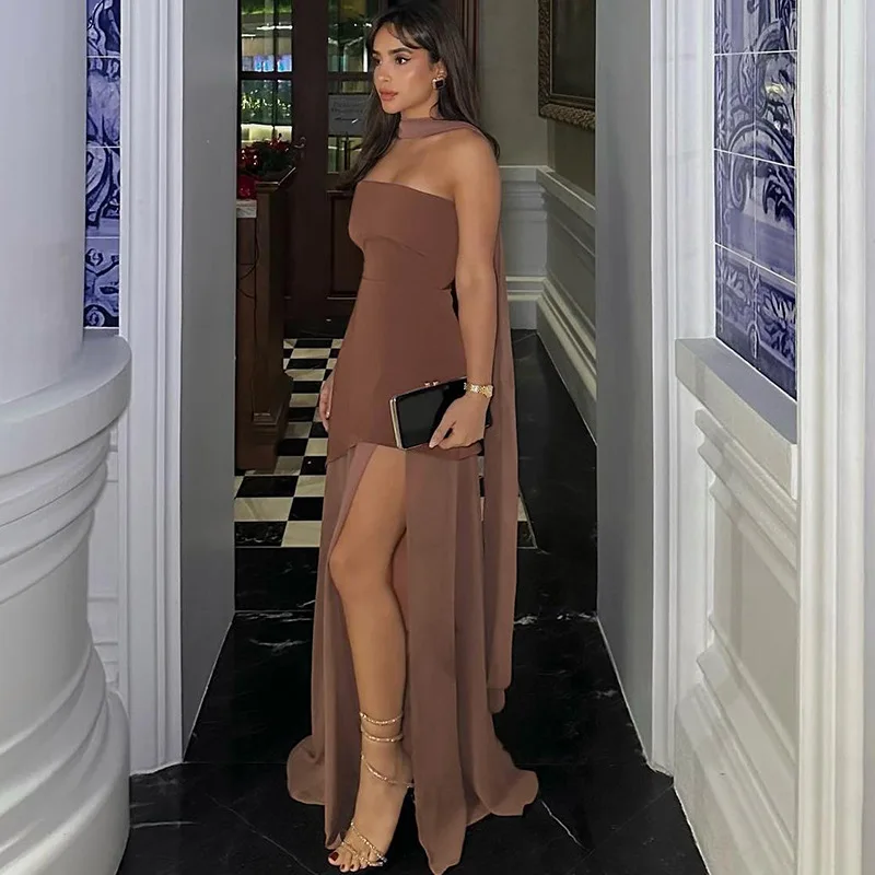 

2025 Simple Fad Elegant Women 2 Piece Set Halter Shawl Tops+Strapless Patchwork Mesh Irregular Dress Summer Matching Outfits