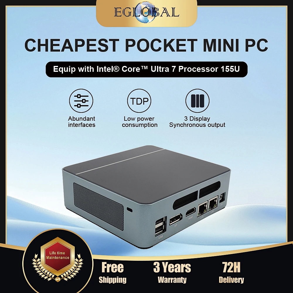EGLOBAL Intel Core Ultra 7 Processor 155U NUC Mini PC Tipe-C HD DP 2*LAN PC Bisnis Kantor DDR5 Mendukung VESA Mount untuk IoT