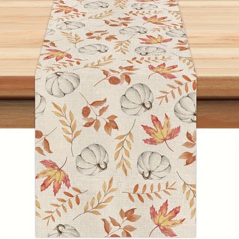 1pc Fall Thanksgiving Table Runner Pumpkin Maple Leaf Seasonal Burlap Farmhouse Indoor Autumn Table Runner For Home