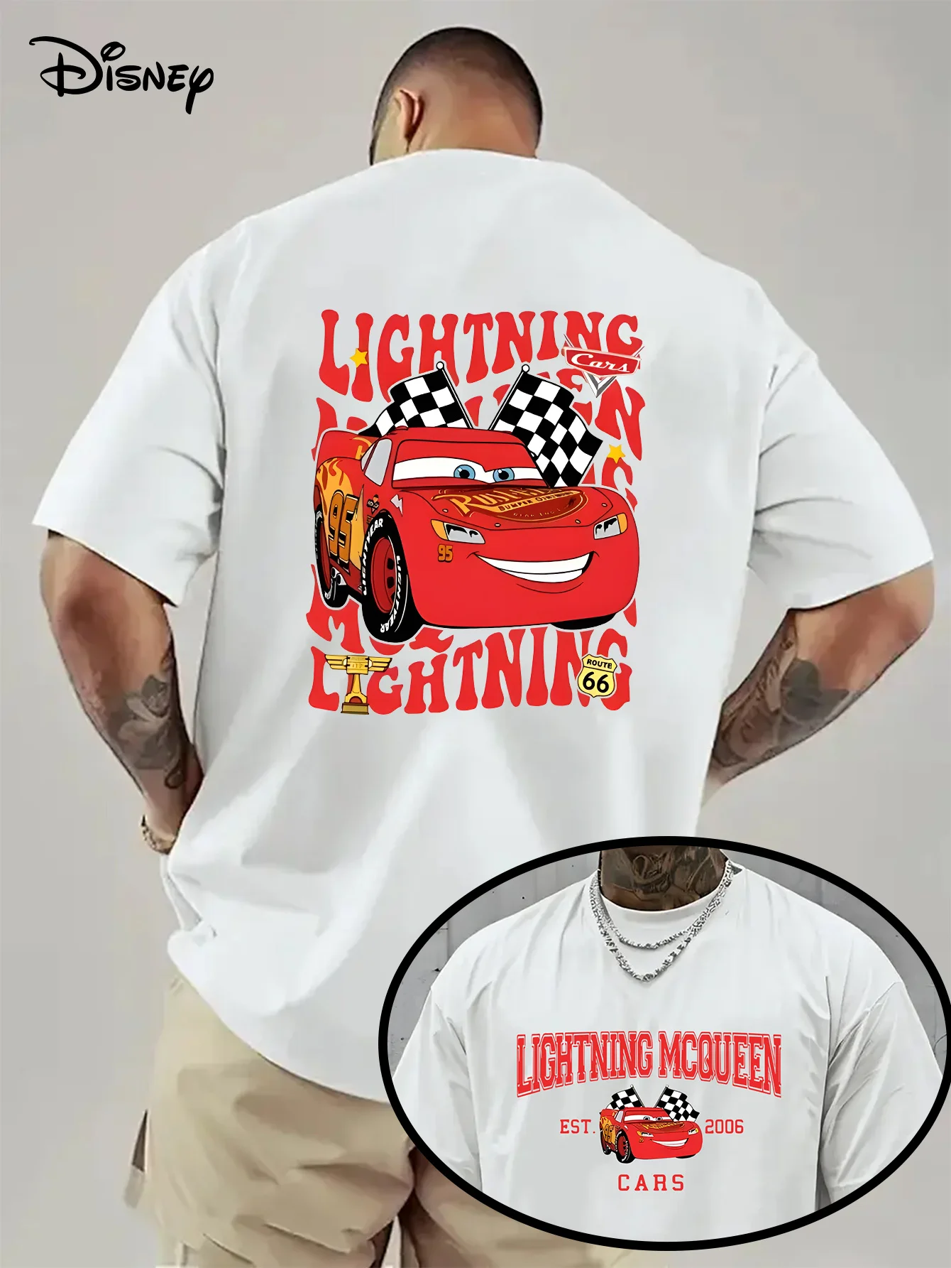 

Футболка для пар Disney Cars Lightning McQueen, мужская и женская двухсторонняя футболка с короткими рукавами, летний повседневный топ унисекс, уличная одежда больших размеров