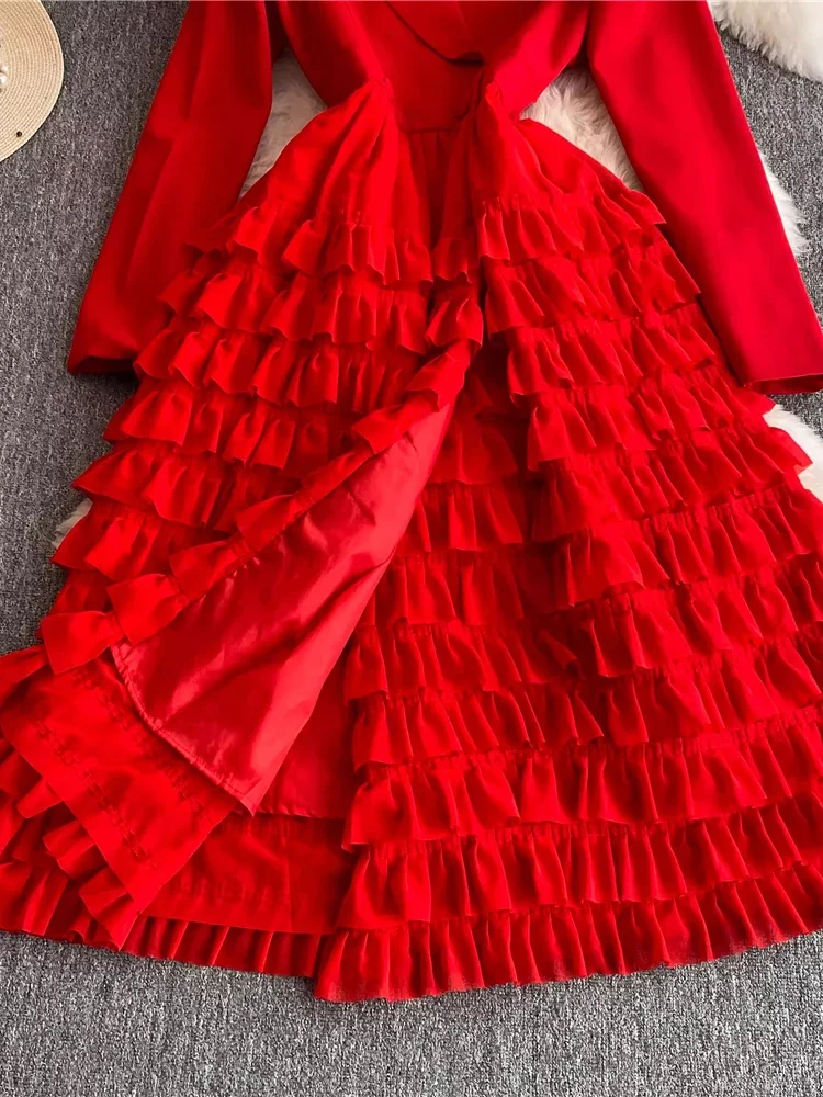 Autumn Winter Women Red/Black/Khaki Party Long Dress Vintage Notched Collar High Waist Tierred Ruffle Maxi Vestidos Female New