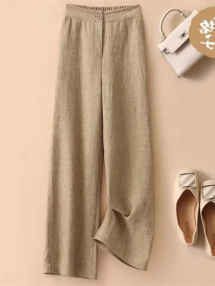 Hochgeschnittene Baumwoll-Leinen-Hose mit Weitem Bein für Damen, Lässige Gerade Hose, Sommer-Neuheit, Fließend und Hochwertig, Dreiviertel-Länge...