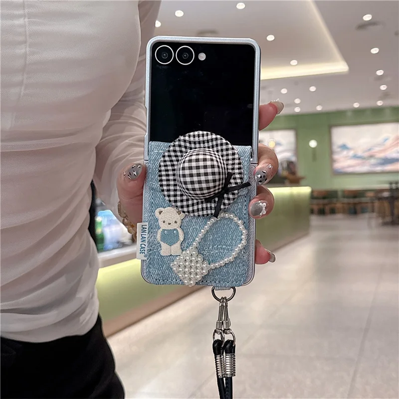 

Корейский милый медведь, шляпа, сумка для карт, джинсовый чехол для телефона для Samsung Galaxy Z Flip 7 6 5 Flip7 Flip6, чехол со шнурком для ZFlip7