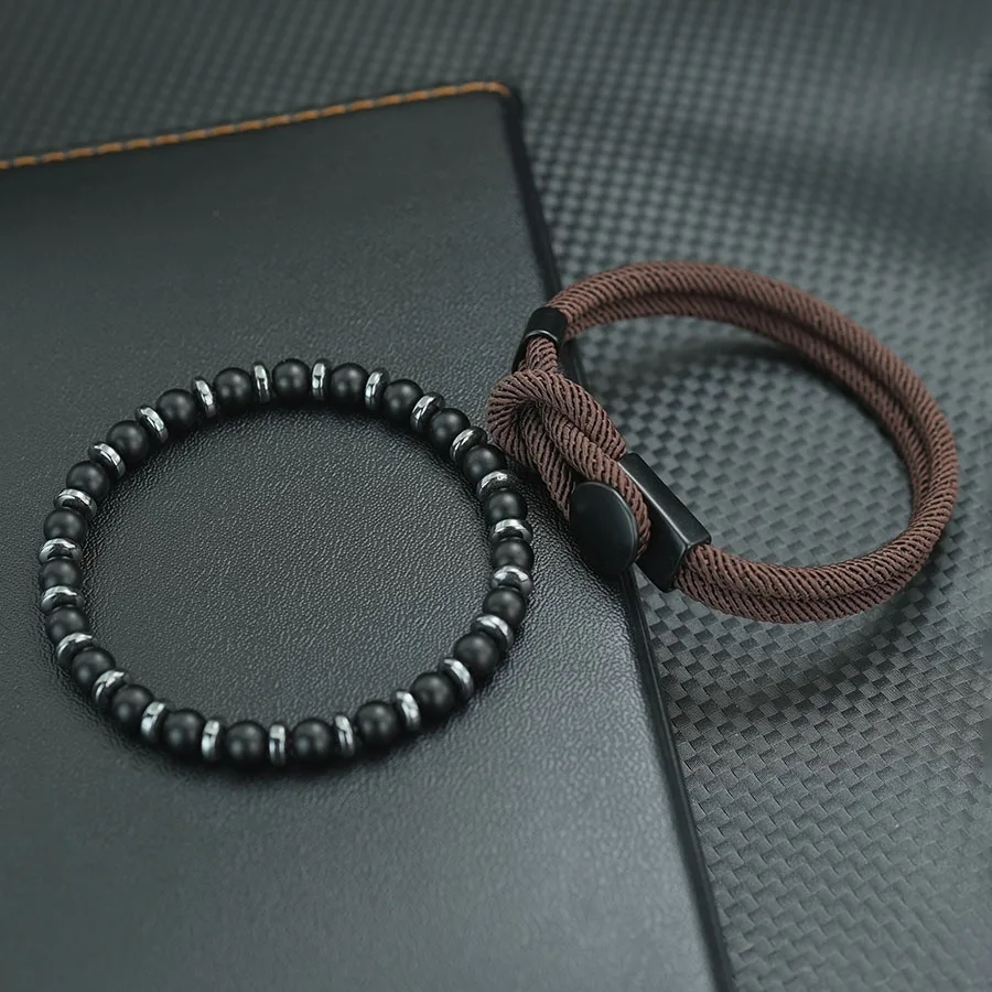 2 Teile/satz Herren Seil Armbänder Set Naturstein Hämatit Stretch Armband Handgemachte Einfache Haken Schnur Schmuck Set Geschenk für Ihn