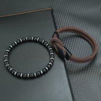 2Pcs/Set Mens Rope Bracelets Set Natural Stone Hematite Stretch Braclet Handmade Easy Hook Cord Jewelry Set Gift for Him