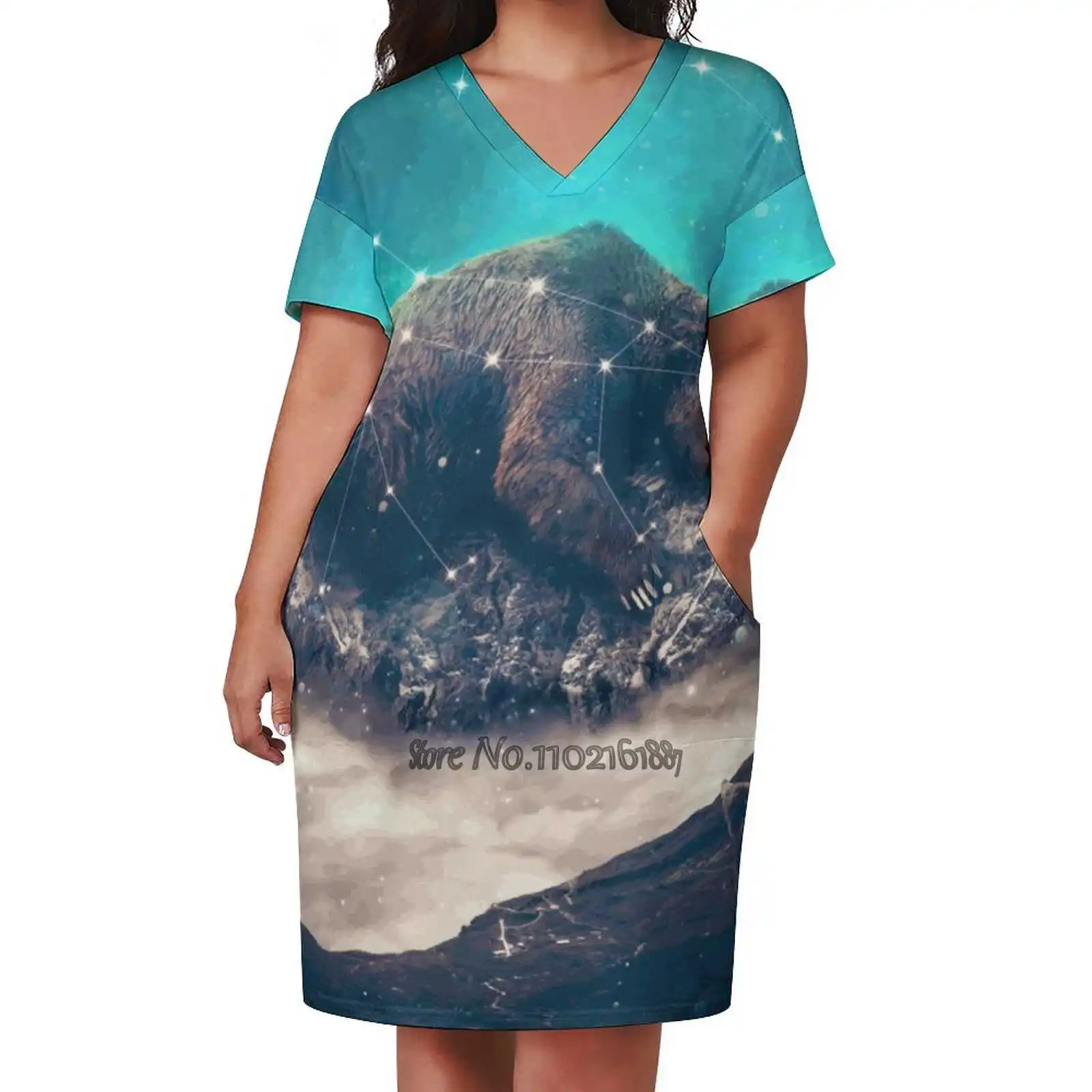 Under The Stars | Ursa Major Fashion Street Dress Loose V-Neck Short Sleeve Skirt Casual Party Skirt 5Xl Mountains Moon